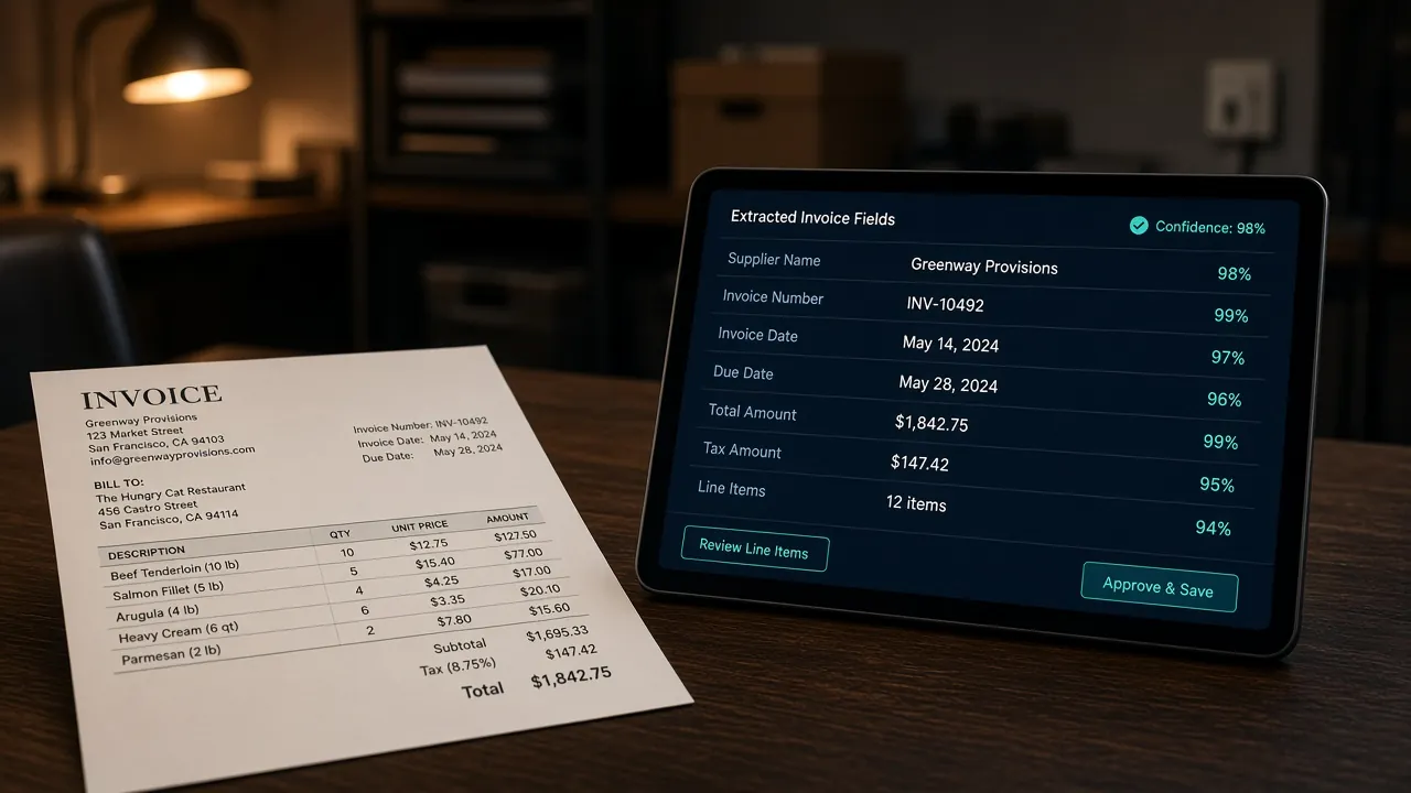 A paper invoice beside a tablet showing the vendor, total and due date pulled from it. Illustrative, fictional data.