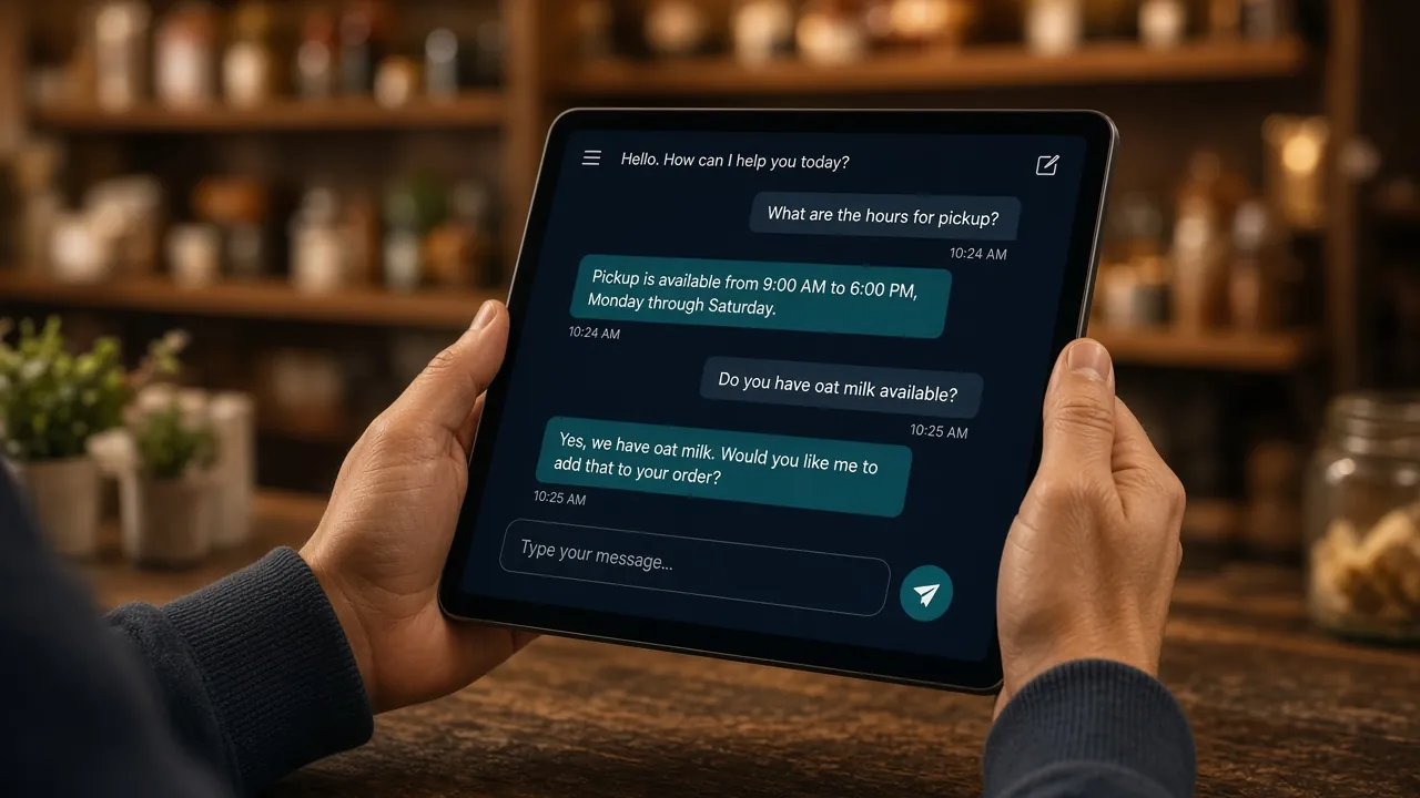 Hands holding a tablet at a shop counter, with an AI chat assistant answering questions about pickup hours and oat milk. Illustrative, fictional data.
