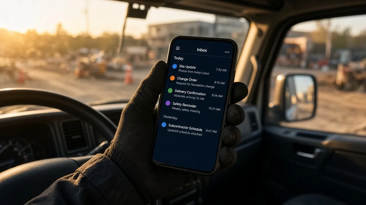 Gloved hand holding a phone in a work truck at a job site, showing an inbox sorted by AI. Illustrative, fictional data.